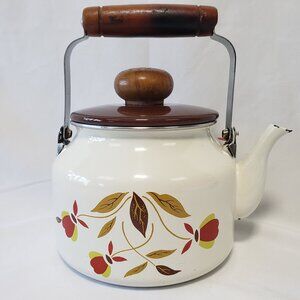 Hall Enamelware Autumn Leaf Teapot Jewel Tea Pot Enamel Metal Kettle Round Wood